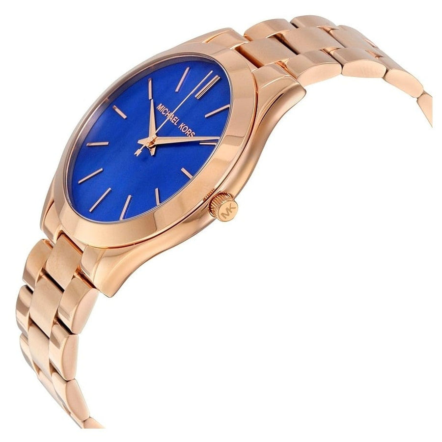 Michael Kors Slim Runway Quartz Blue Dial Rose Gold Steel Strap Watch For Women - MK3494