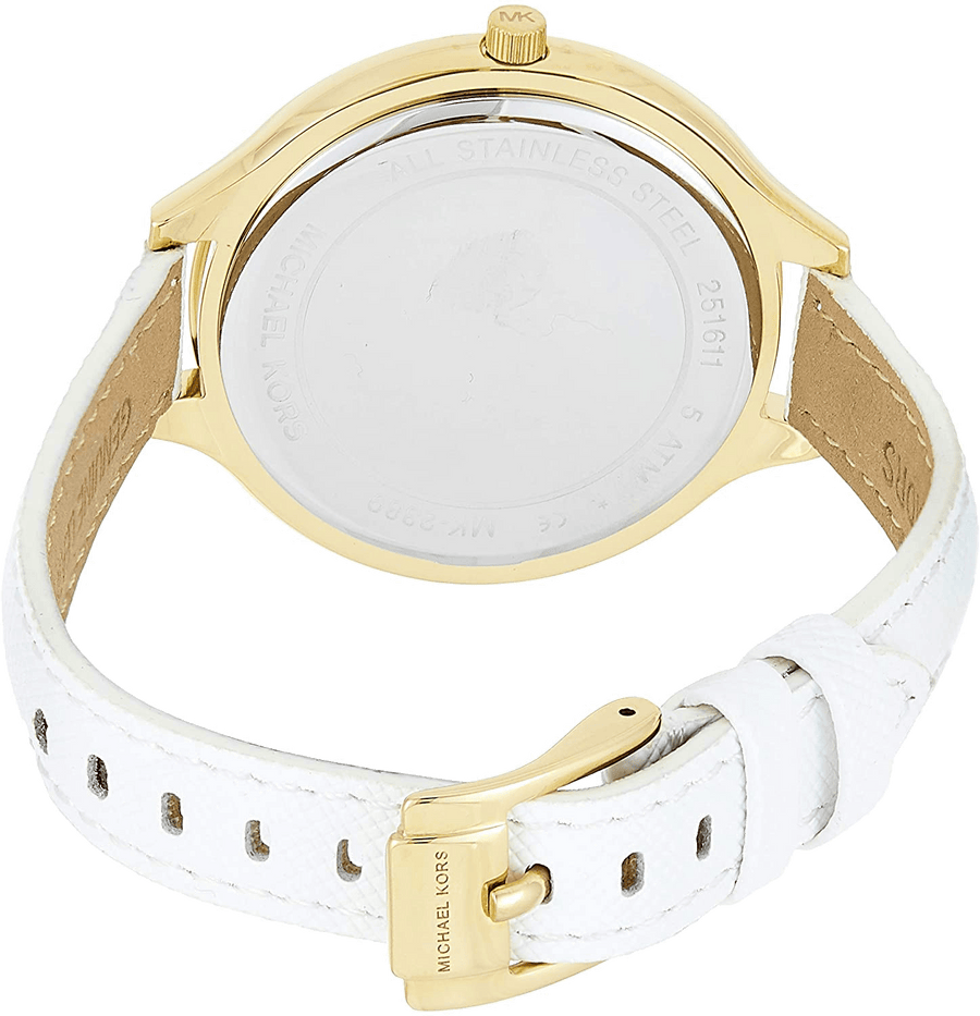 Michael Kors Slim Runway Quartz Gold Dial White Leather Strap Watch For Women - MK2389