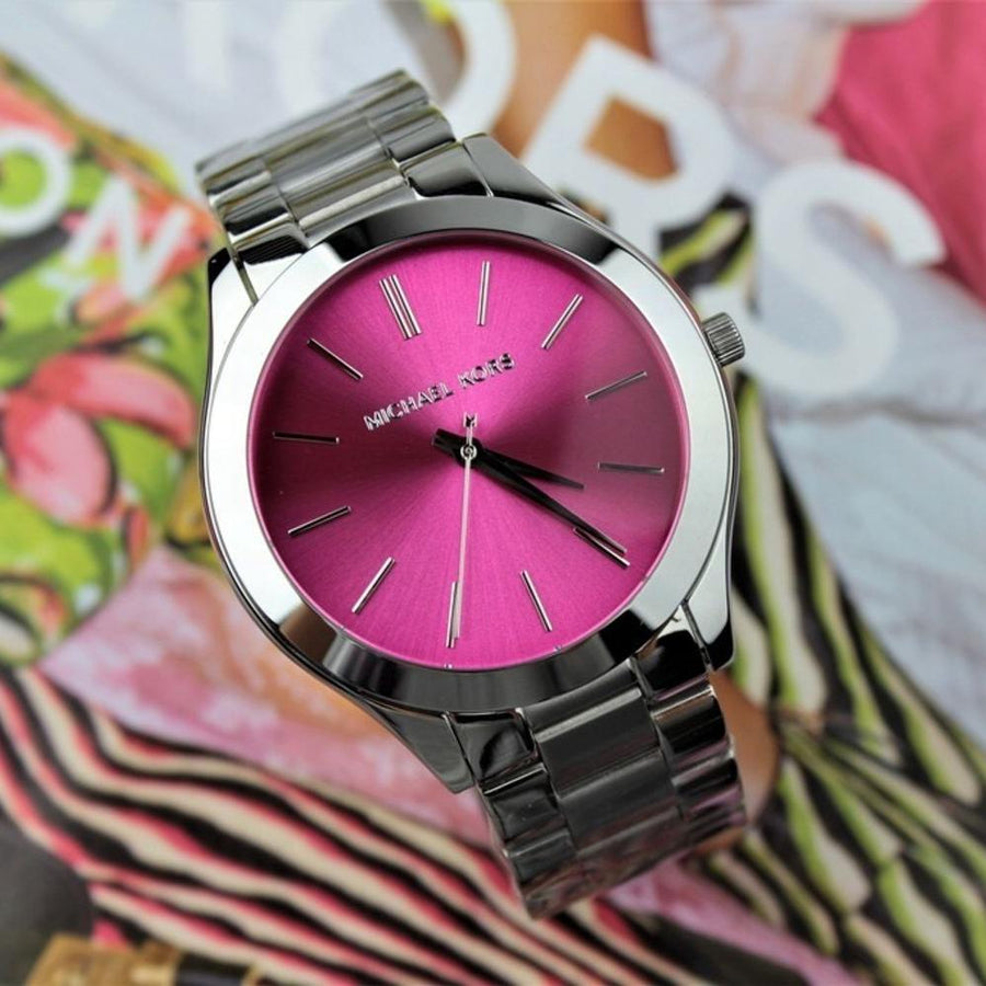 Michael Kors Slim Runway Quartz Pink Dial Silver Steel Strap Watch For Women - MK3291