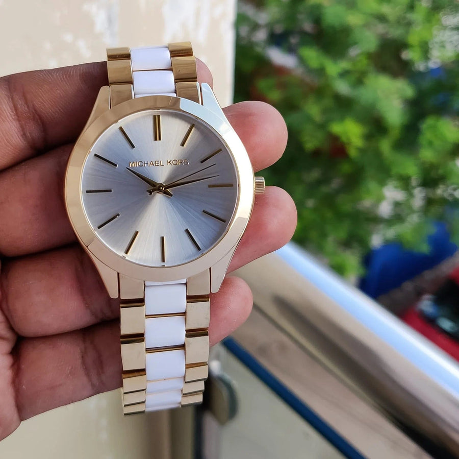 Michael Kors Slim Runway Quartz White Dial Two Tone Steel Strap Watch For Women - MK4295