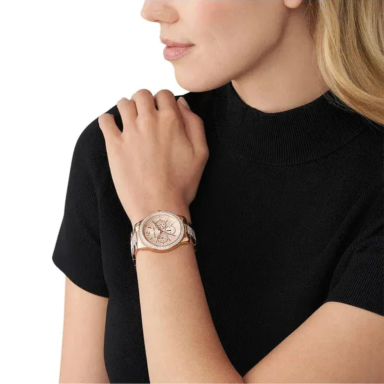 Michael Kors Tibby Chronograph White Dial Rose Gold Steel Strap Watch For Men - MK7293