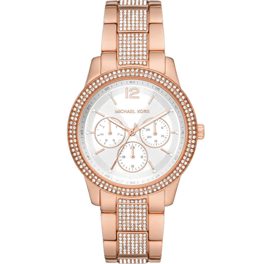 Michael Kors Tibby Chronograph White Dial Rose Gold Steel Strap Watch For Men - MK7293