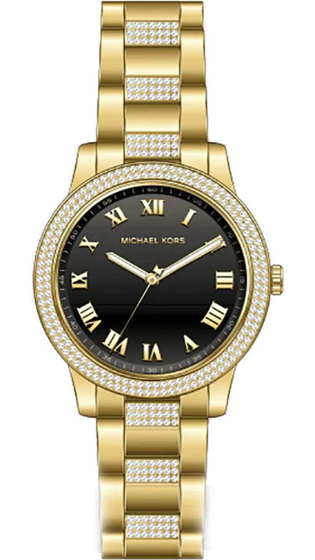 Michael Kors Tibby Multifunction Analog Black Dial Gold Steel Strap Watch for Women - MK4684