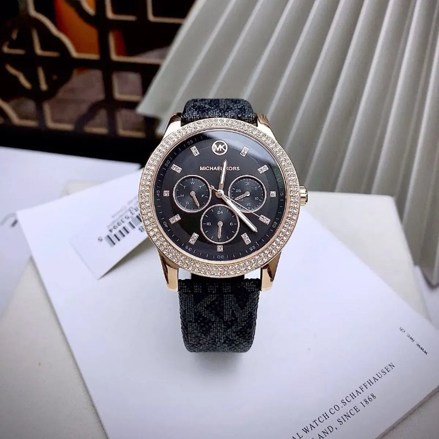 Michael Kors Tibby Multifunction Black Dial Black Leather Strap Watch For Women - MK6968