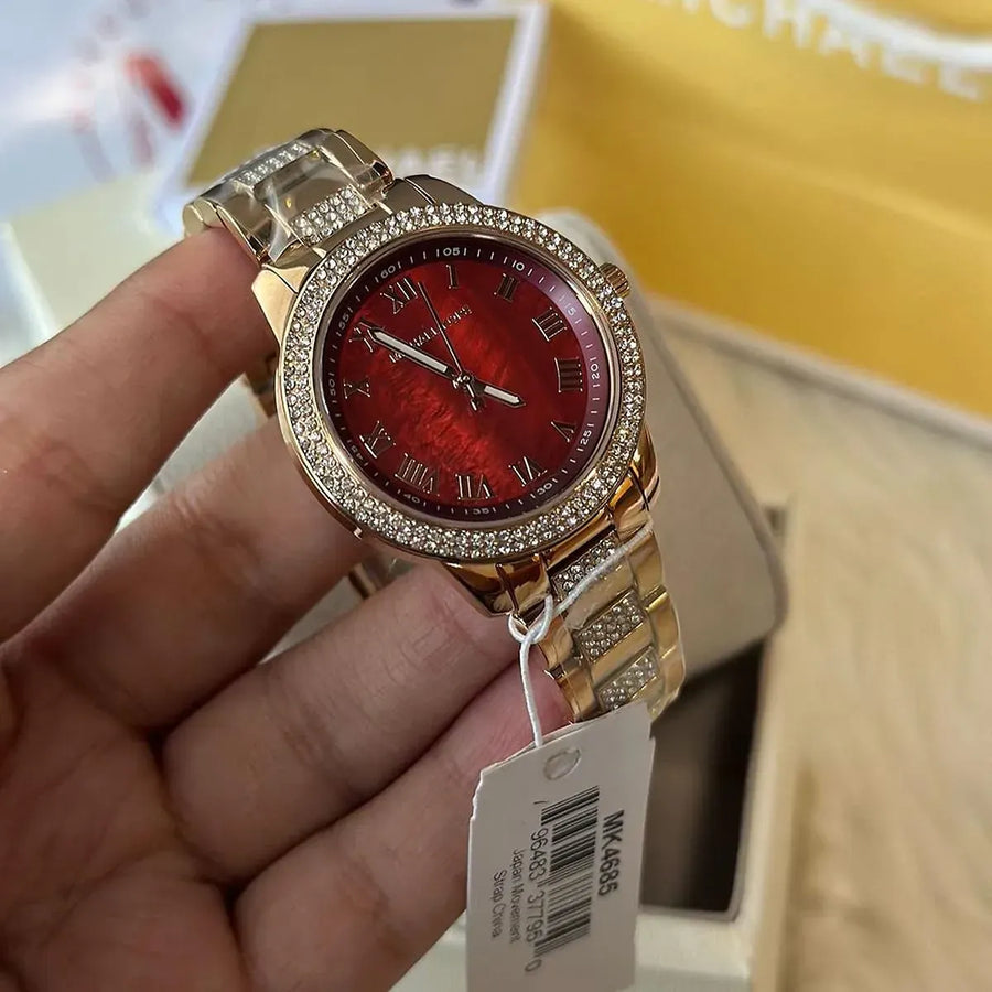Michael Kors Tibby Multifunction Crystals Maroon Dial Rose Gold Steel Strap Watch for Women - MK4685