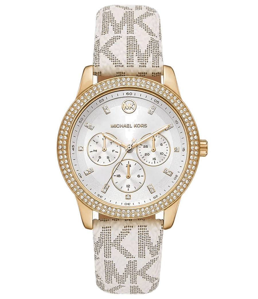 Michael Kors Tibby Multifunction Silver Dial White Leather Strap Watch For Women - MK6967