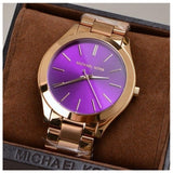 Michael Kors Slim Runway Purple Dial Rose Gold Steel Strap Watch for Women - MK3293