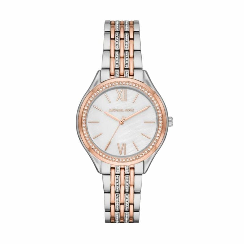Michael Kors Mindy Three Hand White Dial Two Tone Steel Strap Watch For Women - MK7077