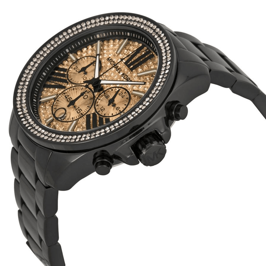 Michael Kors Wren Chronograph Gold Dial Black Steel Strap Watch for Women - MK5961