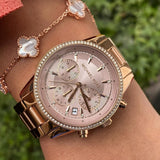 Michael Kors Ritz Chronograph Rose Gold Dial Rose Gold Steel Strap Watch for Women - MK6357