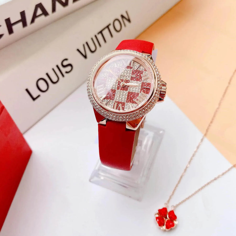 Michael Kors Camille Three Hand Crystals Rose Gold Dial Red Leather Strap Watch For Women - MK4701