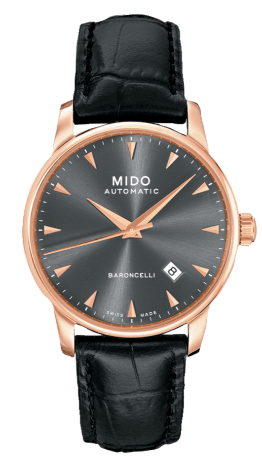Mido Baroncelli III Automatic Grey Dial Black Leather Strap Watch For Men - M8600.3.13.4