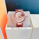 Michael Kors Parker Rose Gold Dial Maroon Leather Strap Watch For Women - MK2974