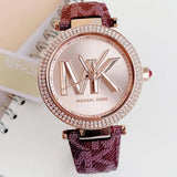 Michael Kors Parker Rose Gold Dial Maroon Leather Strap Watch For Women - MK2974