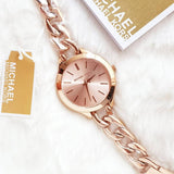 Michael Kors Slim Runway Rose Gold Dial Rose Gold Steel Strap Watch for Women - MK3223