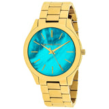 Michael Kors Slim Runway Blue Mother of Pearl Dial Gold Steel Strap Watch for Women - MK3492