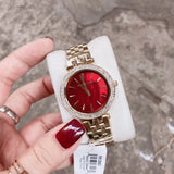 Michael Kors Darci Quartz Mother of Pearl Red Dial Gold Steel Strap Watch For Women - MK3583