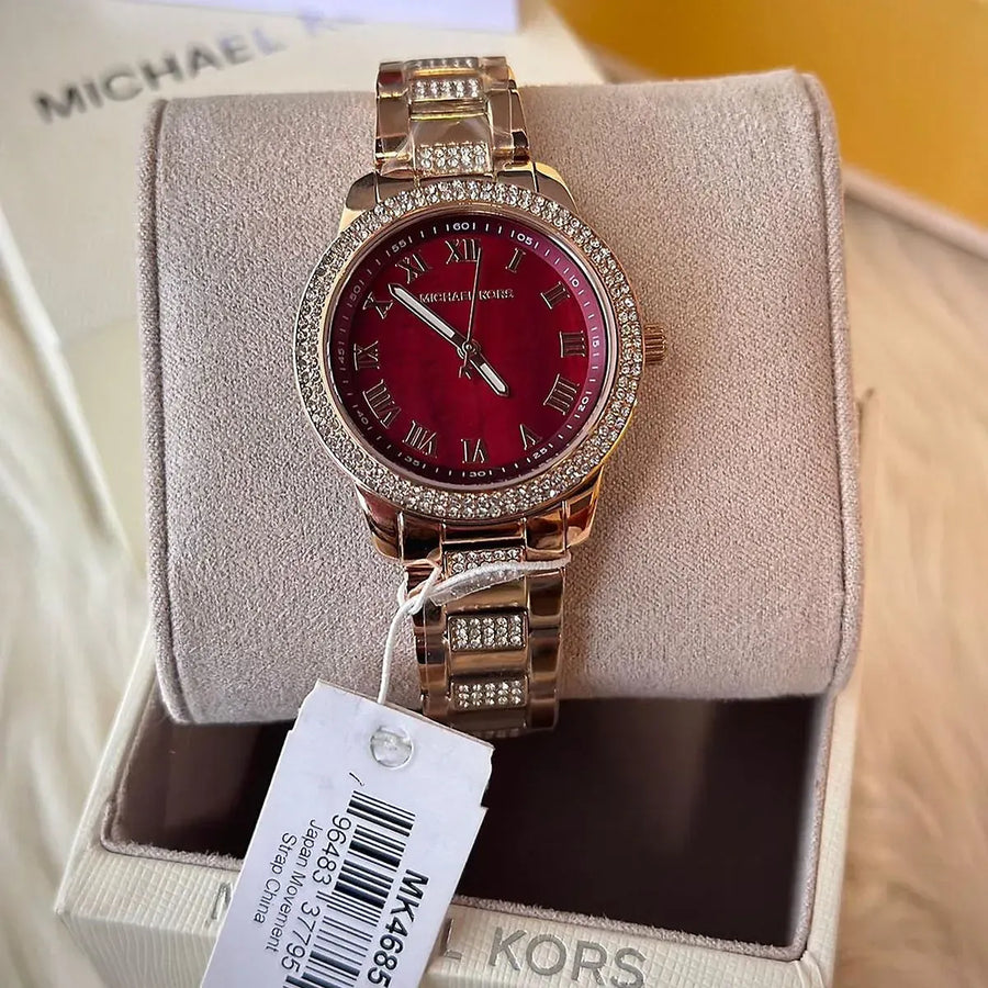 Michael Kors Tibby Multifunction Crystals Maroon Dial Rose Gold Steel Strap Watch for Women - MK4685