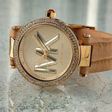 Michael Kors Parker Three-Hand Gold Dial Brown Leather Strap Watch For Women - MK4725