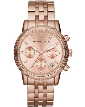 Michael Kors Ritz Chronograph Rose Gold Dial Rose Gold Steel Strap Watch for Women - MK6077