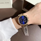 Michael Kors Parker Chronograph Blue Dial Gold Steel Strap Watch For Women - MK6262