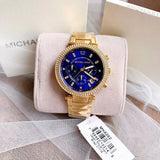 Michael Kors Parker Chronograph Blue Dial Gold Steel Strap Watch For Women - MK6262