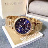 Michael Kors Parker Chronograph Blue Dial Gold Steel Strap Watch For Women - MK6262