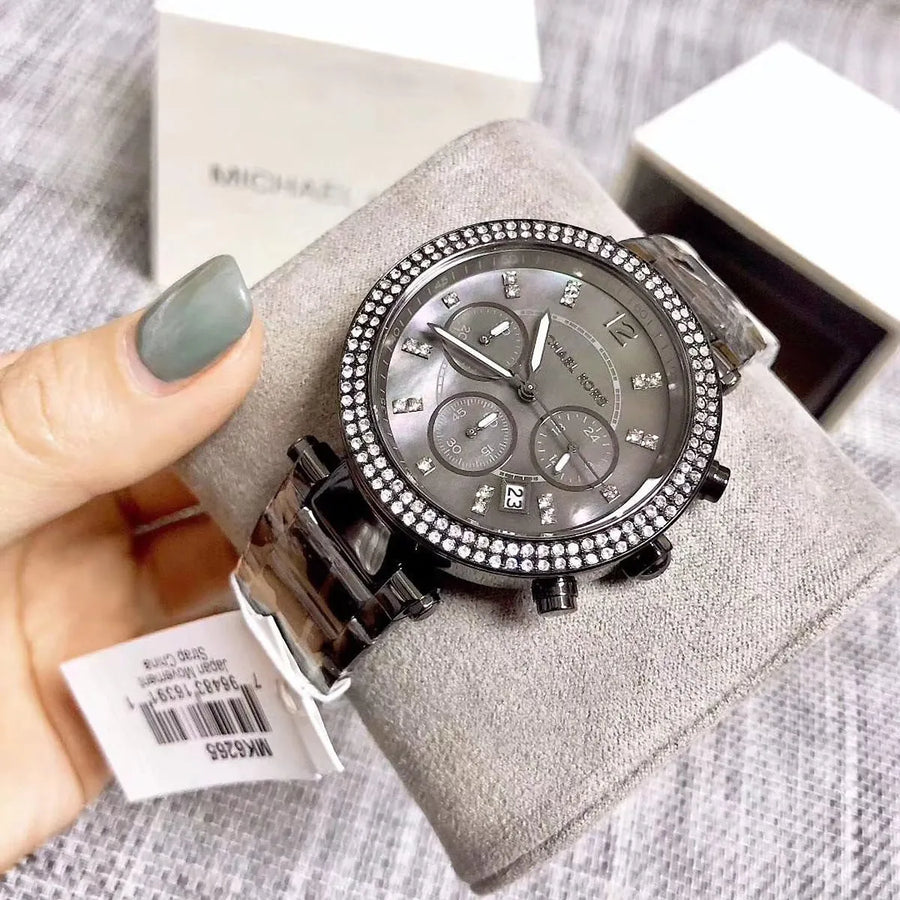 Michael Kors Parker Chronograph Grey Dial Grey Steel Strap Watch For Women - MK6265
