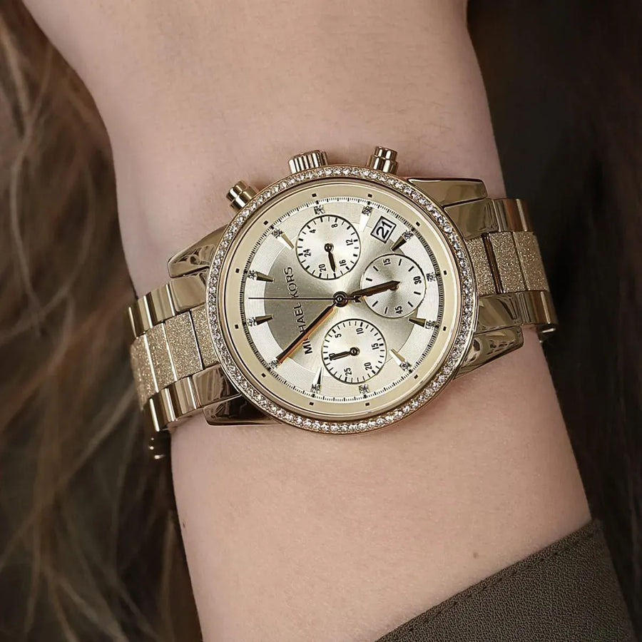 Michael Kors Ritz Chronograph Gold Dial Gold Steel Strap Watch For Women - MK6597