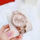 Michael Kors Ritz Chronograph Rose Gold Dial Rose Gold Steel Strap Watch For Women - MK6598