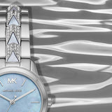 Michael Kors Runway Mercer Quartz Mother of Pearl Blue Dial Silver Steel Strap Watch For Women - MK6857