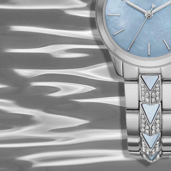 Michael Kors Runway Mercer Quartz Mother of Pearl Blue Dial Silver Steel Strap Watch For Women - MK6857