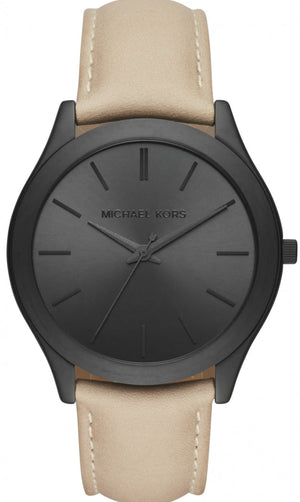 Michael Kors Slim Runway Black Dial Beige Leather Strap Watch For Men - MK8510