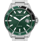 Emporio Armani Three Hand Green Dial Silver Steel Strap Watch For Men - AR11338