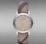 Burberry The City Beige Dial Chequered Brown Leather Strap Watch for Women - BU9029