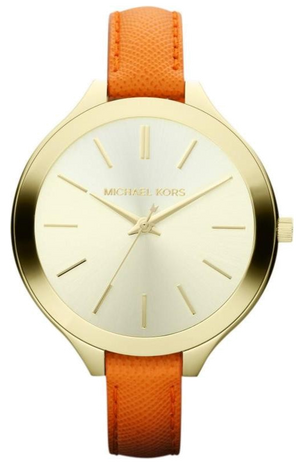 Michael Kors Runway Quartz Gold Dial Orange Leather Strap Watch For Women - MK2275