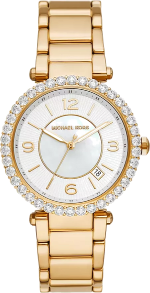 Michael Kors Parker Mother of Pearl White Dial Gold Steel Strap Watch For Women - MK4693