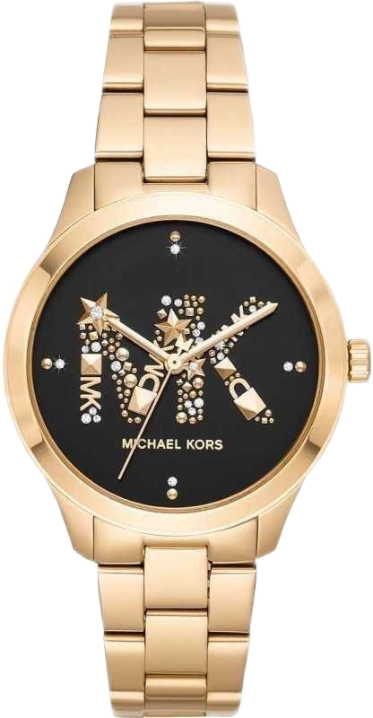Michael Kors Runway Quartz Black Dial Gold Steel Strap Watch For Women - MK6682