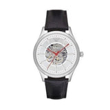 Emporio Armani Meccanico Silver Skeleton Dial Black Leather Strap Watch For Men - AR2072