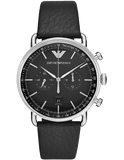 Emporio Armani Aviator Chronograph Black Dial Black Leather Strap Watch For Men - AR11143