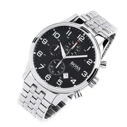 Hugo Boss Aeroliner Chronograph Black Dial Silver Steel Strap Watch For Men - 1512446