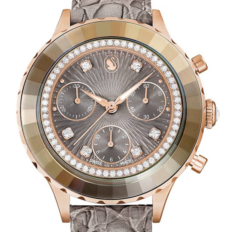 Swarovski Octea Chrono Grey Dial Grey Leather Strap Watch for Women - 5671153