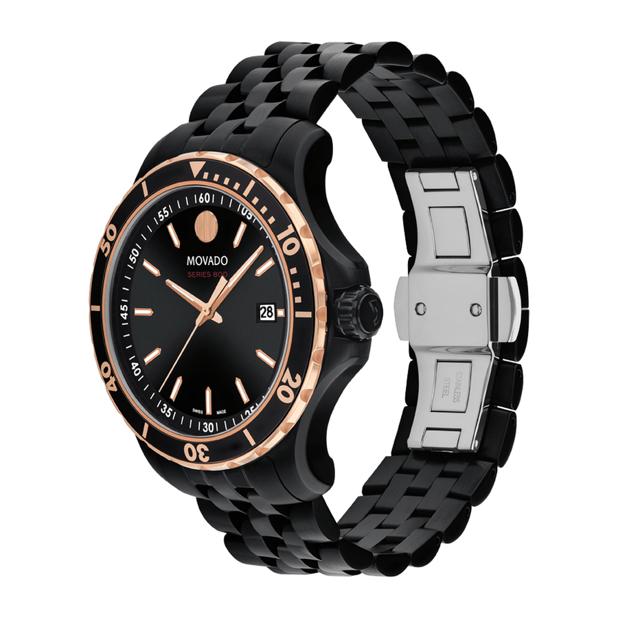 Movado 800 Series Black Dial Black Steel Strap Watch For Men - 2600162