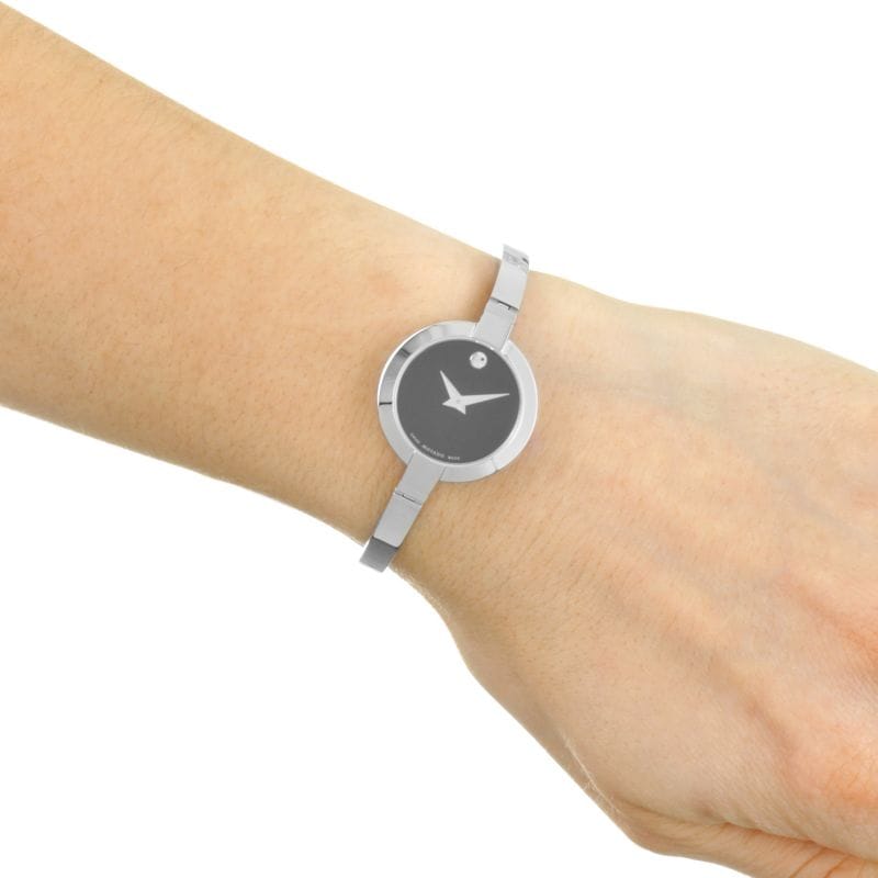 Movado Bela Black Dial Silver Steel Strap Watch For Women - 0606595
