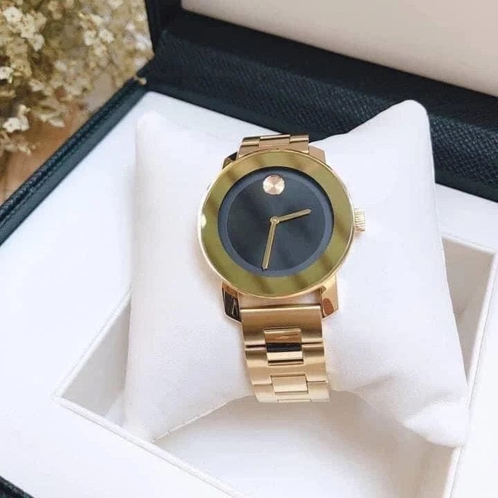 Movado Bold Black Dial Gold Steel Strap Unisex Watch - 3600397