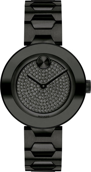 Movado Bold Crystals Black Dial Black Steel Strap Watch for Women - 3600576