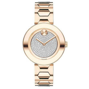 Movado Bold Crystal Pave Rose Gold Dial Rose Gold Steel Strap Watch For Women - 3600493