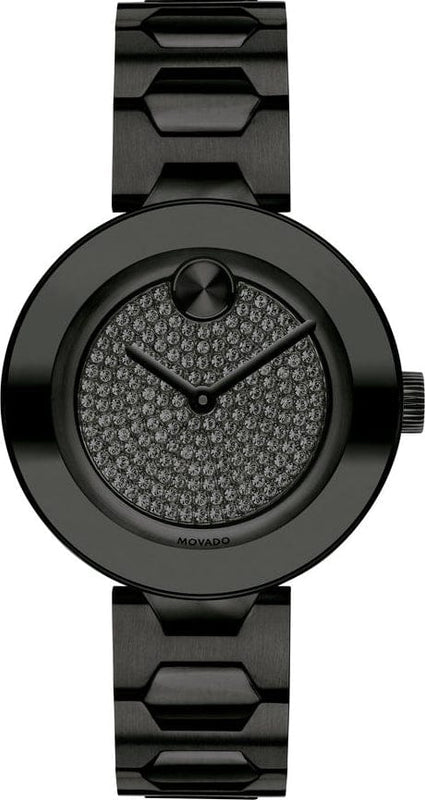 Movado Bold Crystals Black Dial Black Steel Strap Watch for Women - 3600576