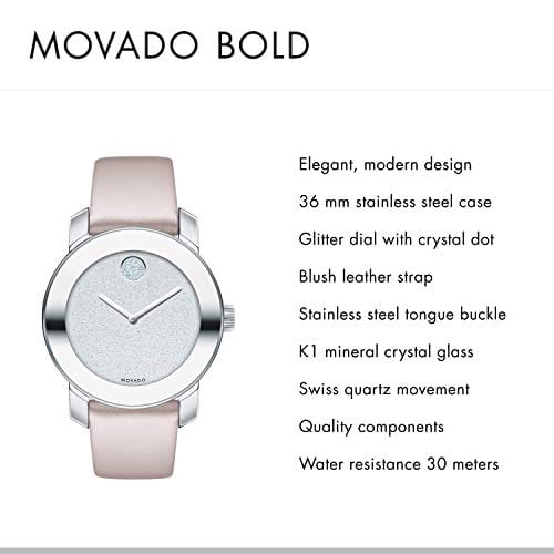 Movado Bold Glitter Silver Dial Pink Leather Strap Watch For Women - 3600522