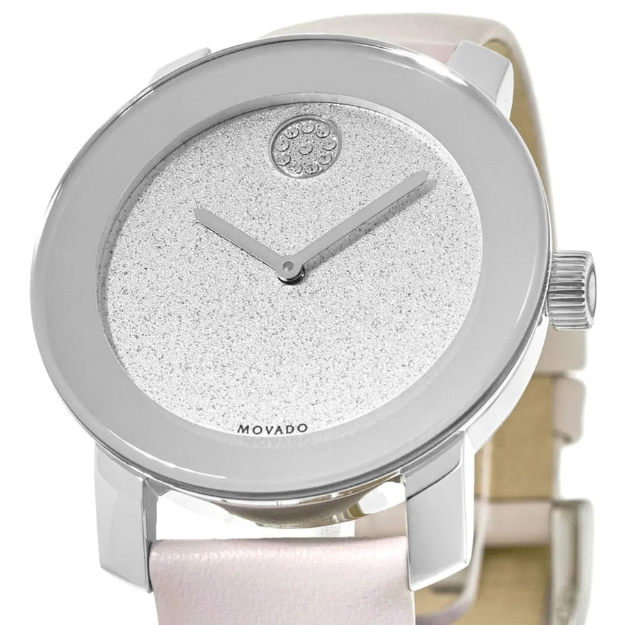 Movado Bold Glitter Silver Dial Pink Leather Strap Watch For Women - 3600522